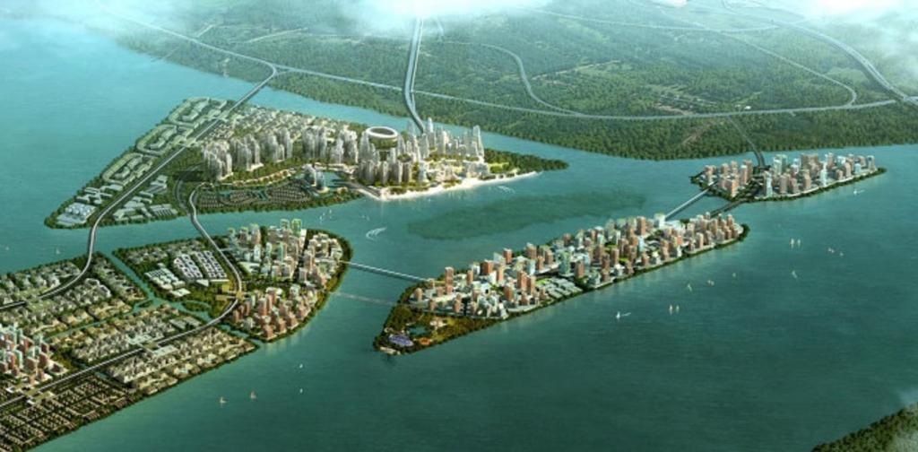 Terre artificielle sur un plan d'eau