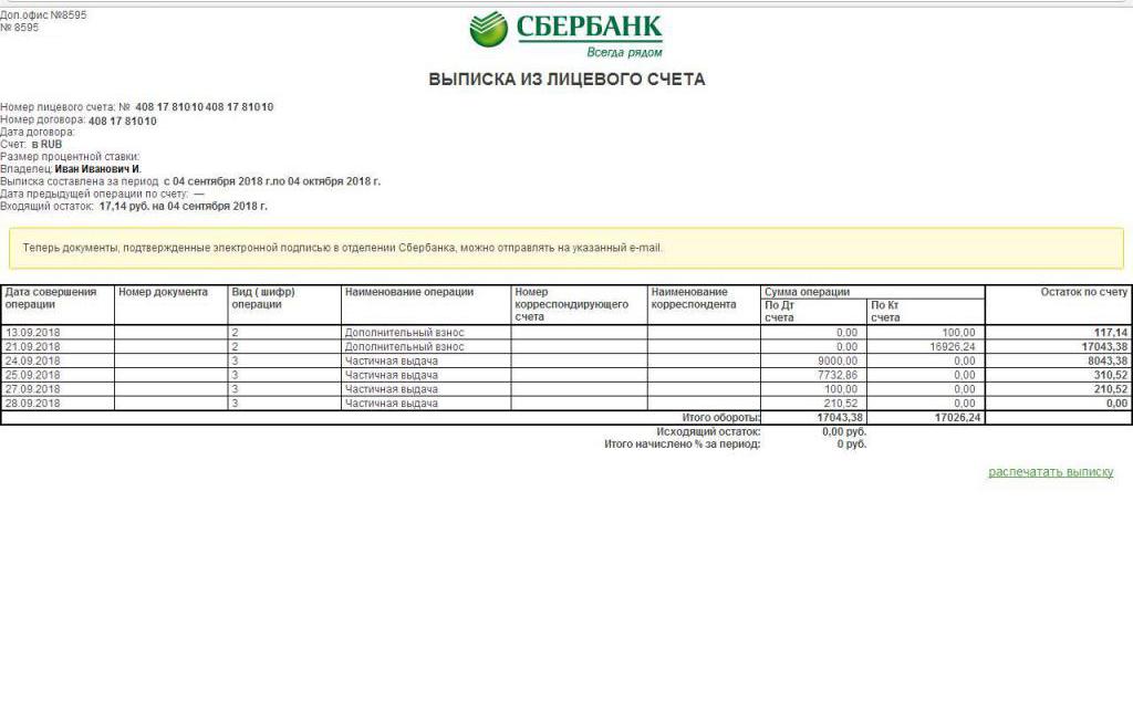 comment faire un relevé de compte personnel avec Sberbank